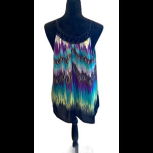 Bisou Bisou Blouse Size Large Top Purple Green Silky Feel Sleeveless Woven Neck